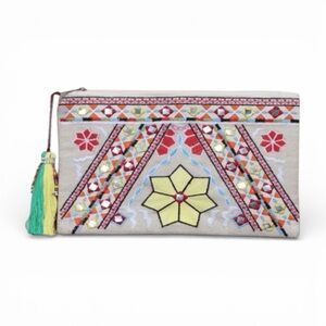 LoveStitch Multicolor Clutch With Mirrored Accents & Fringe On Top Zipper Pull